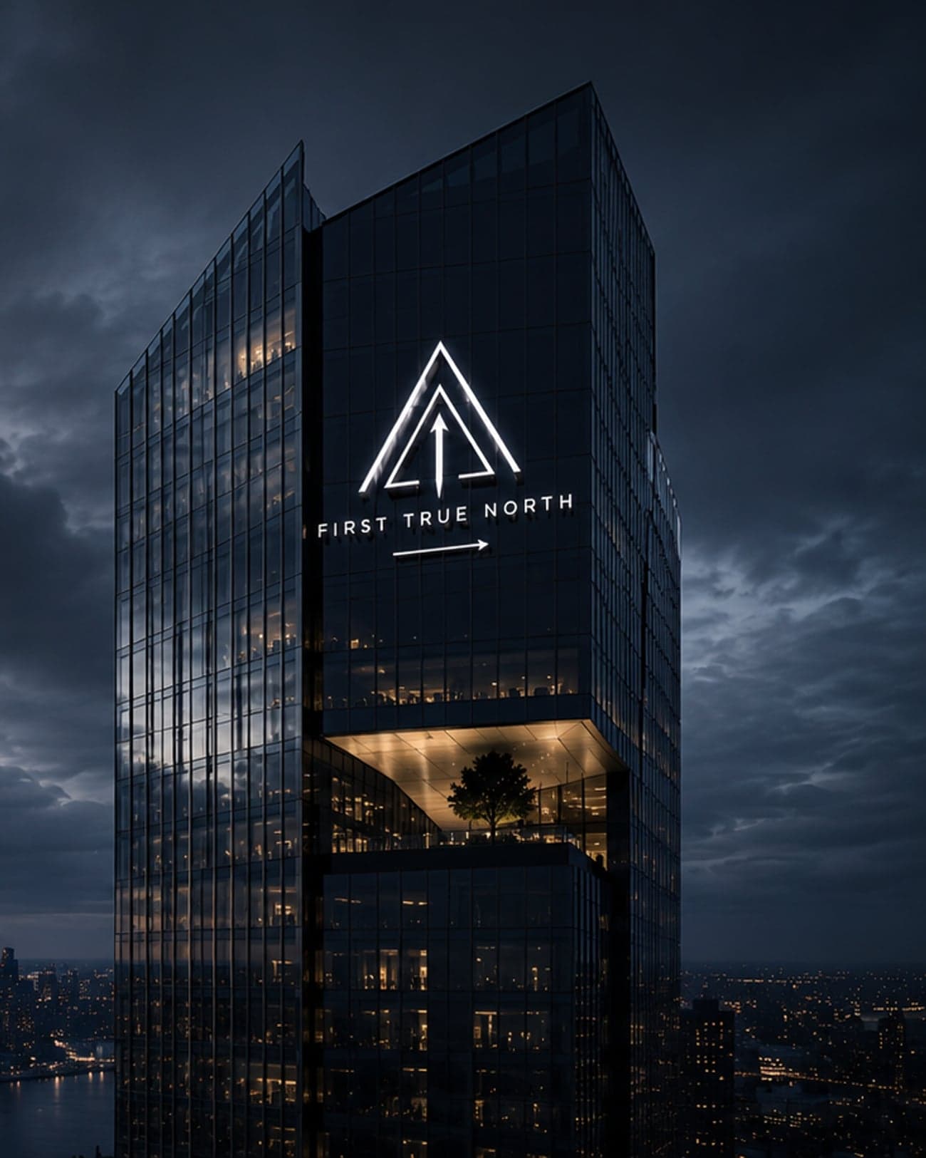First True North Tower at dusk, the mark lit on its facade above the city